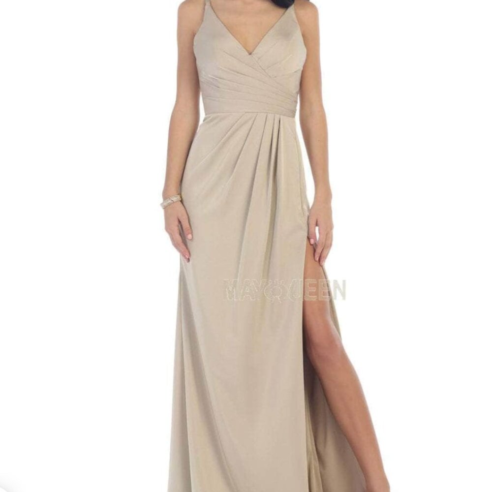 May Queen Champagne Satin High Slit Formal Gown • Bridesmaid Prom Dress